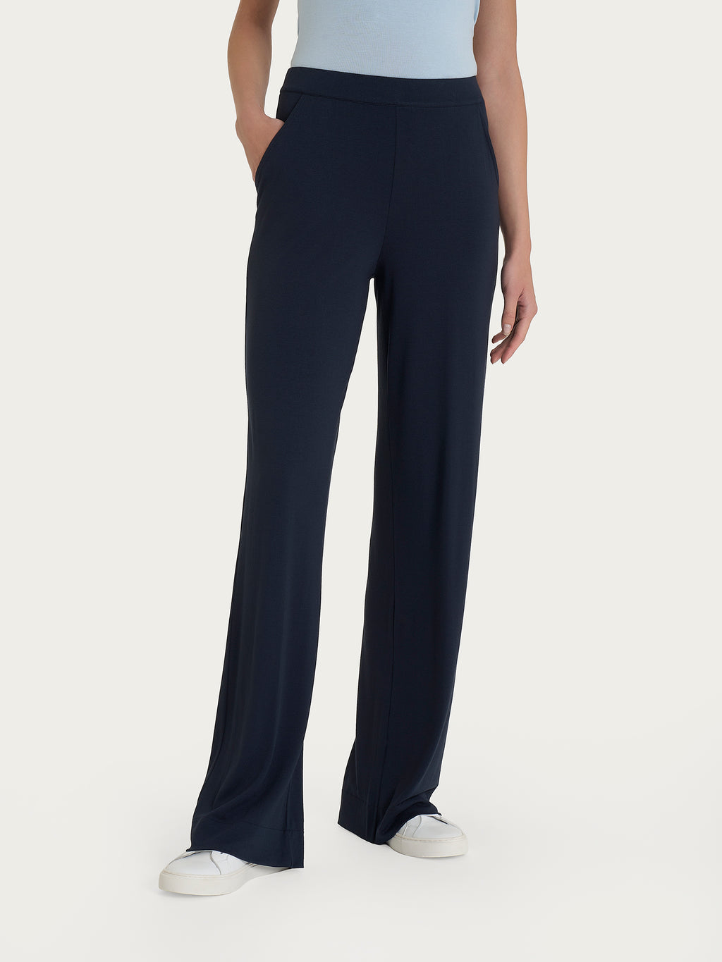 Ragno pantaloni donna larghi viscosa crêpe blu tasche