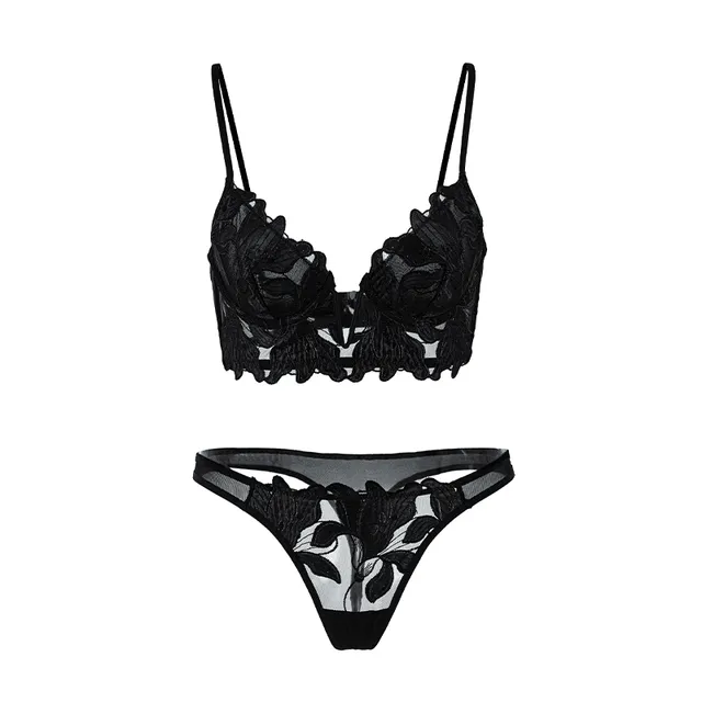 Maria Grazia Severi Floral Embroidery completo intimo nero longline