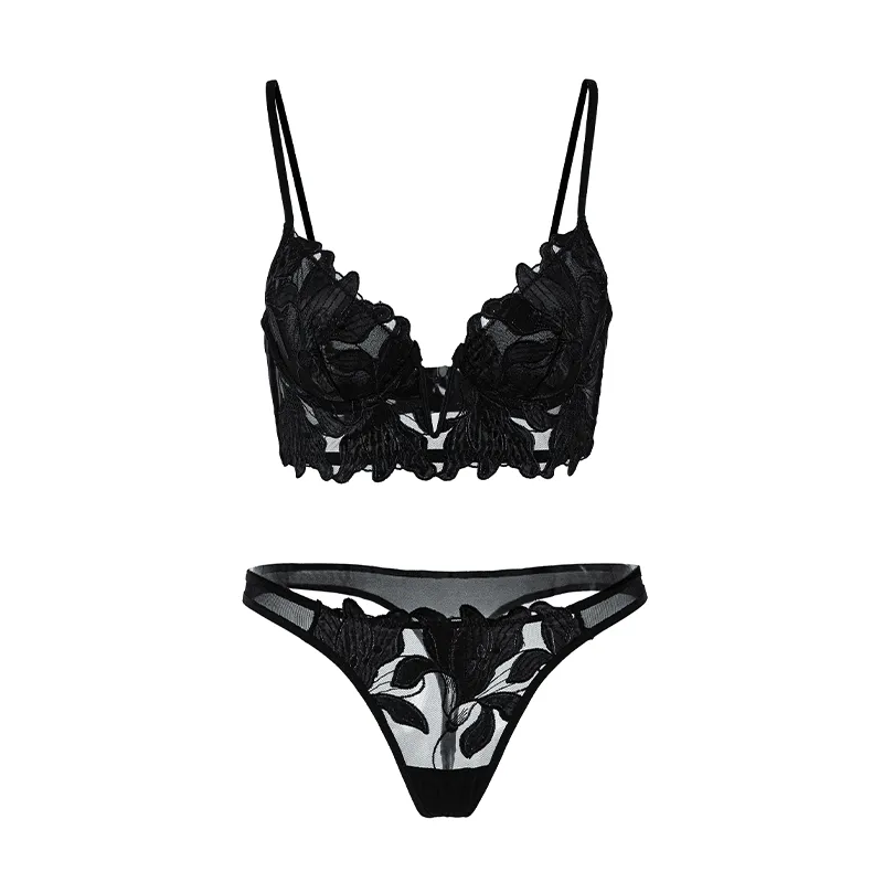 Maria Grazia Severi Floral Embroidery completo intimo nero longline