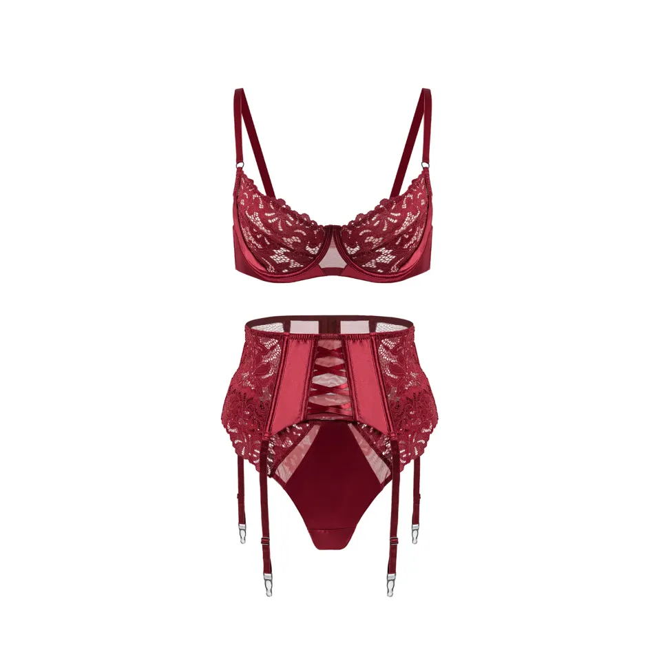 Maria Grazia Severi Luxury completo intimo rosso pizzo con reggicalze