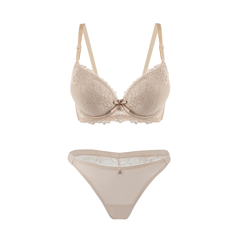 Maria Grazia Severi Floral Lace Mesh completo intimo champagne ferretto
