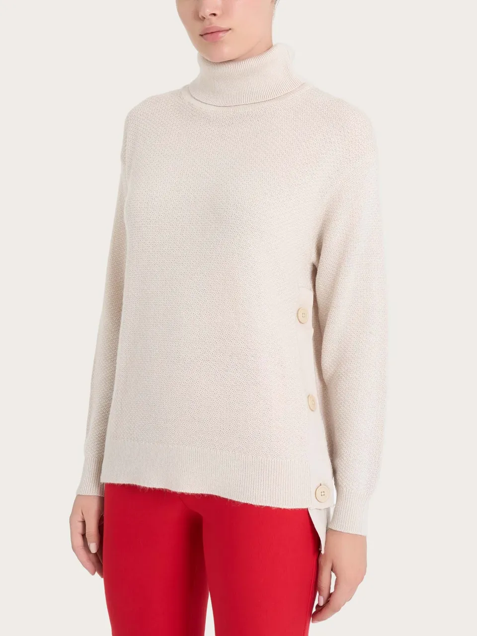 Ragno Merino Soft Dolcevita Bottoni Maglia Champignon lana