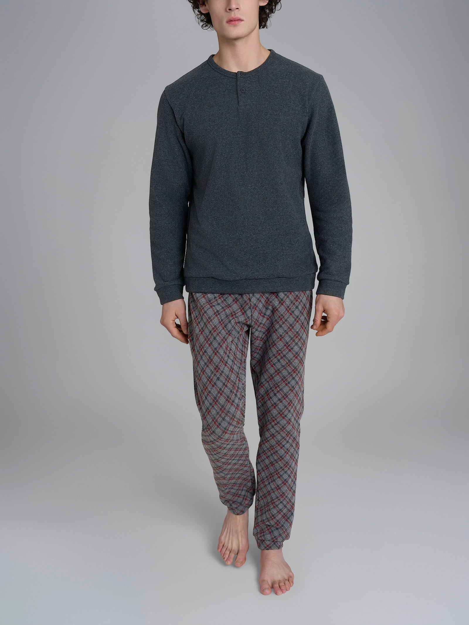Ragno Pigiama Serafino Grey Tartan in Cotton Eco Pile Uomo