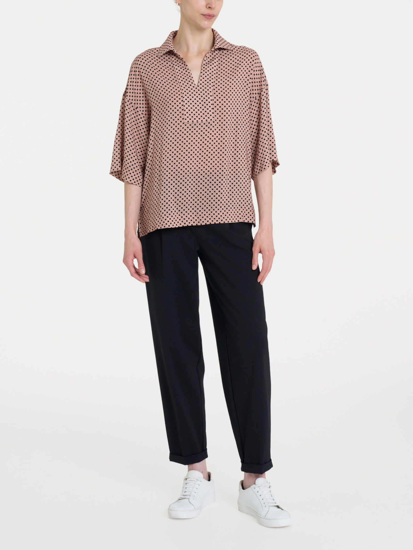 Ragno Ecoseta Blusa Colletto Micro Pattern Fantasia Nero Fluida