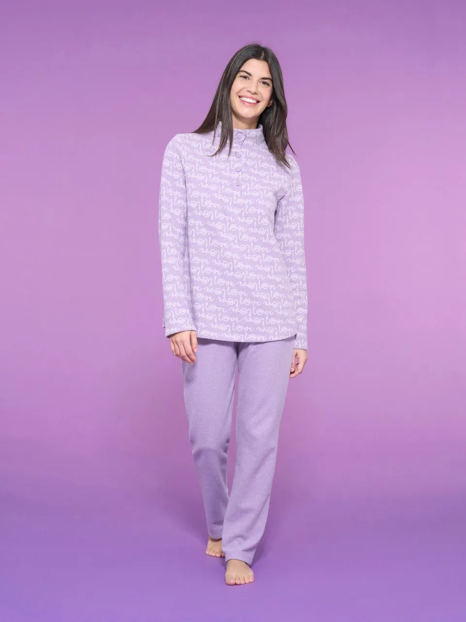 Ragno Cotton Eco Pile Pigiama serafino Love collo alto lilla