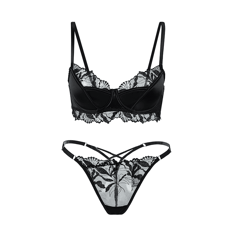 Maria Grazia Severi Satin completo intimo nero balconcino con perizoma