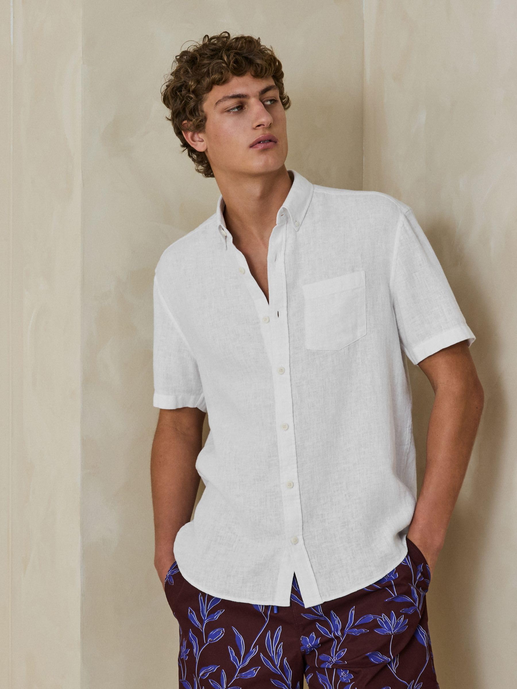 Next camicia uomo maniche corte cotone lino button-down