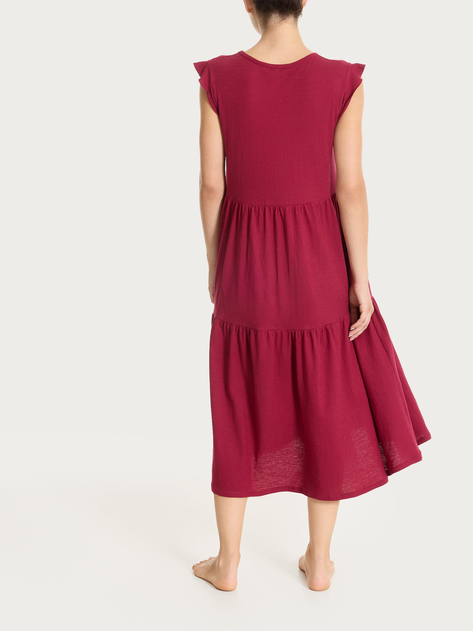 Ragno Jersey Cotone Abito Lungo Beet Red con Balze