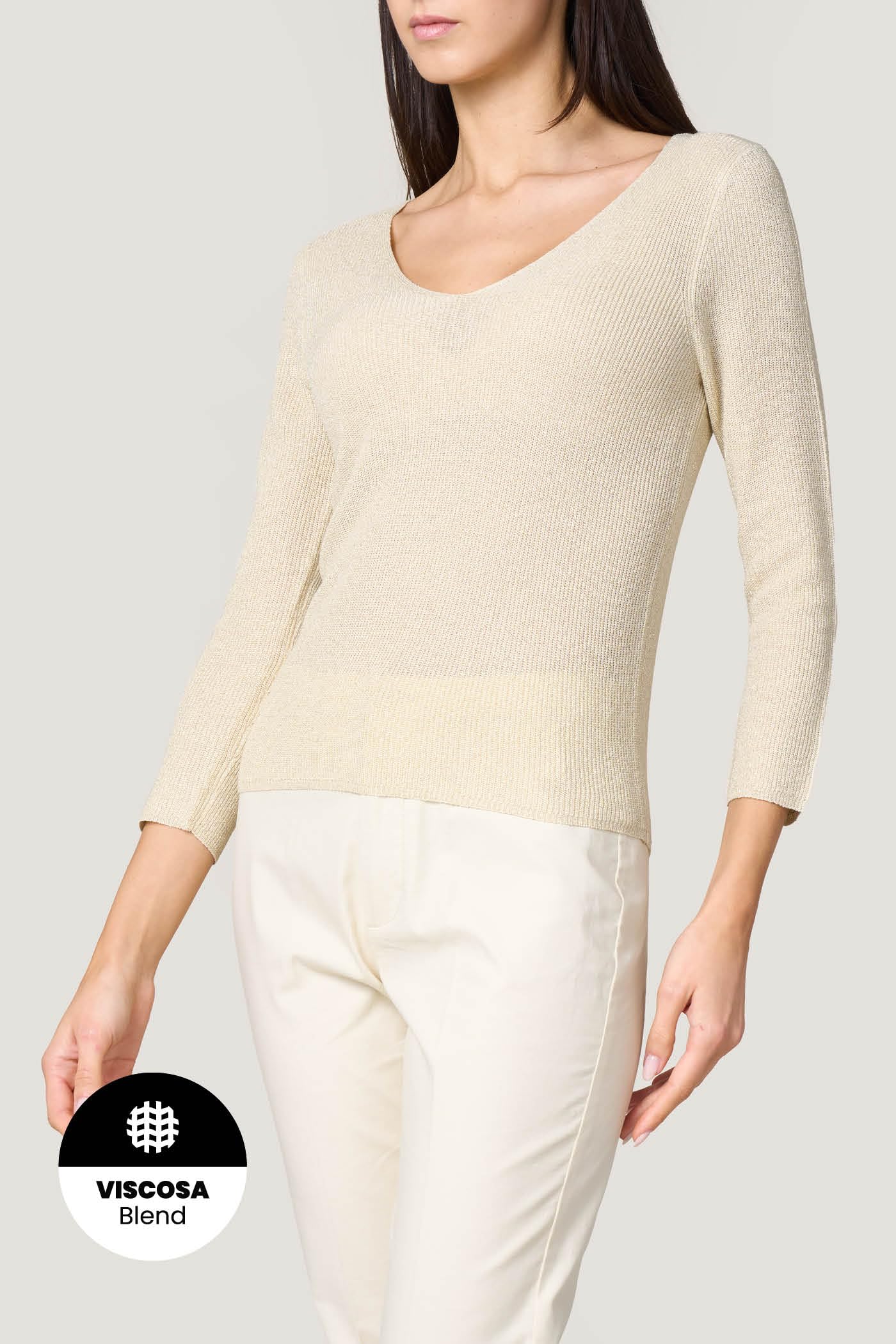 Goldenpoint Donna Maglia Scollo V Manica 3/4 Lamè Costine