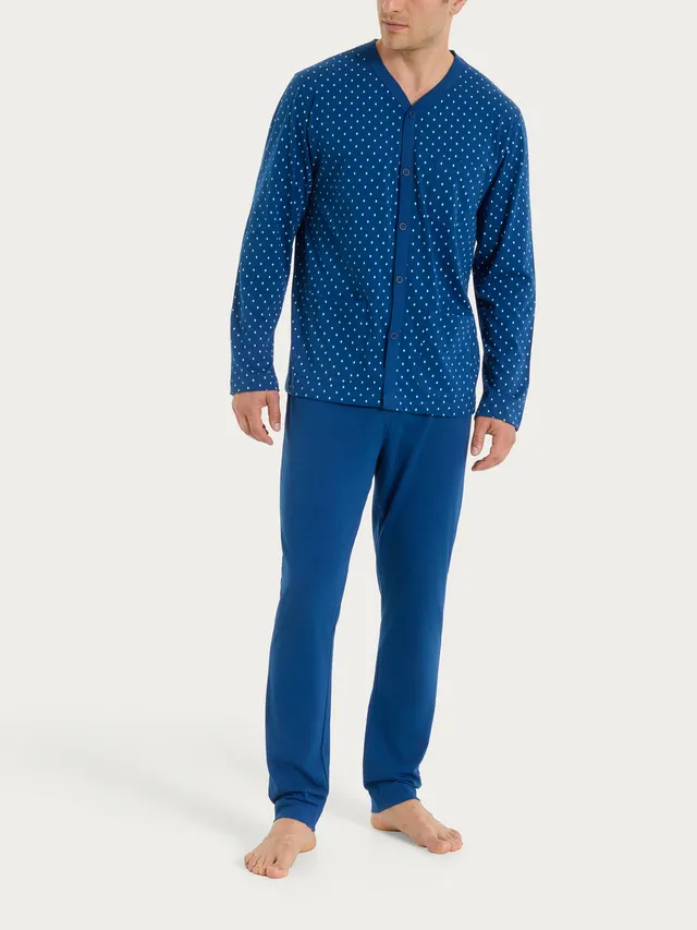Ragno Jersey di Cotone pigiama aperto micro rombi navy