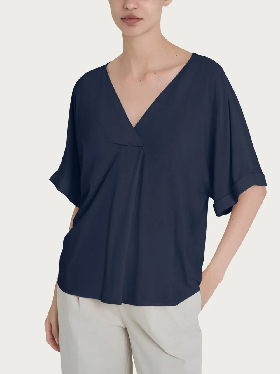Ragno EcoSeta Blusa Scollo V Bleu in Viscosa Satinata