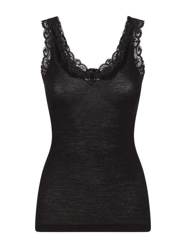Ragno Wonderwool Canottiera Spalla Stretta Lana Nera Pizzo