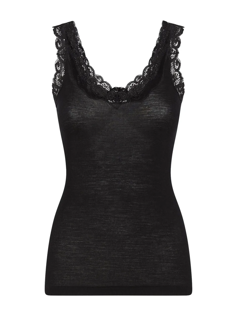 Ragno Wonderwool Canottiera Spalla Stretta Lana Nera Pizzo