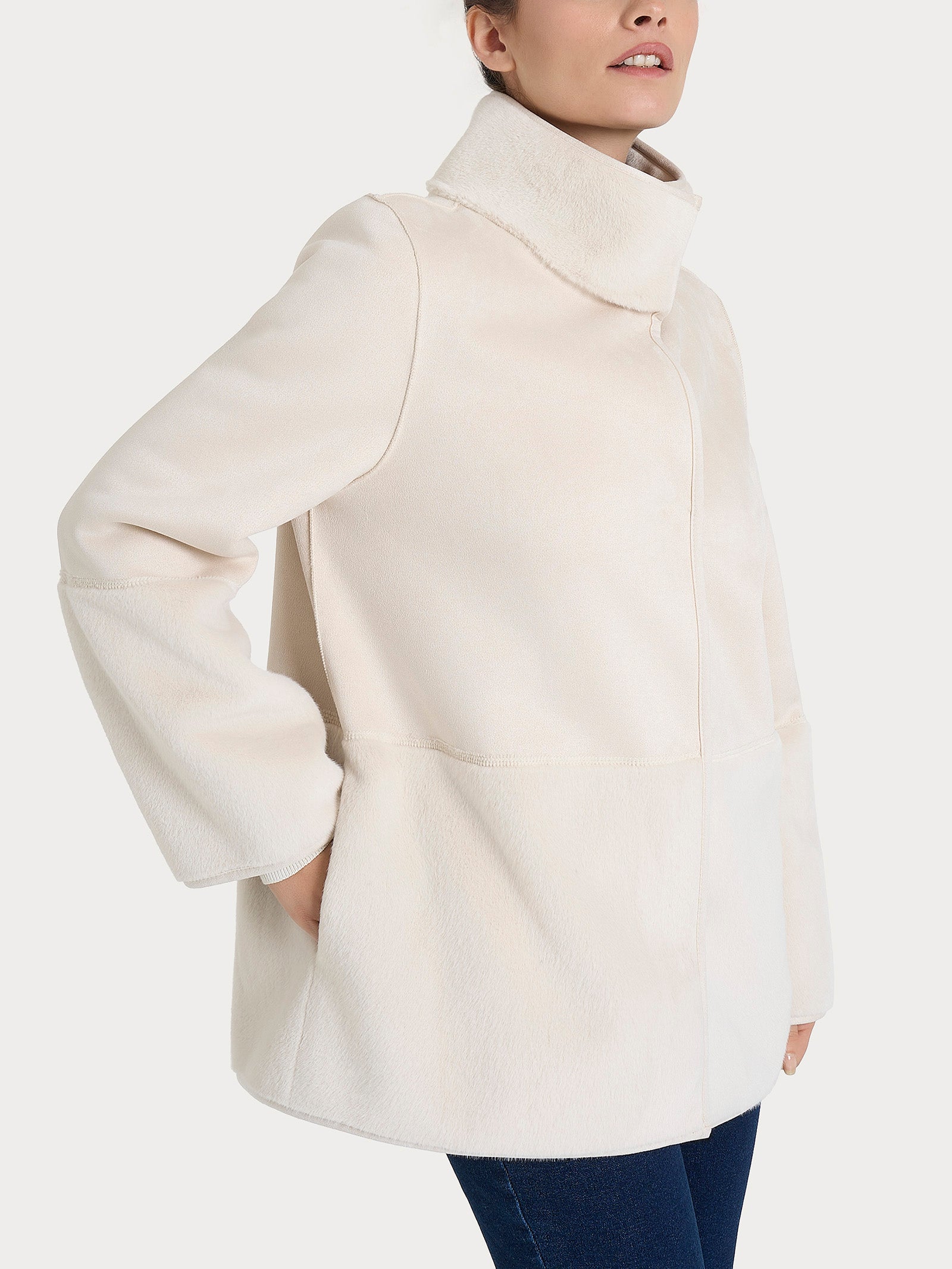 Ragno Vegan Shearling giacca lunga collo alto double-face champignon
