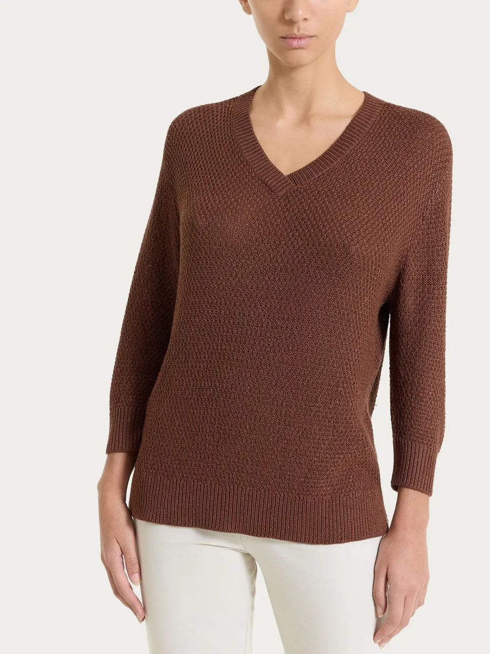 Ragno Lurex Rice Stitch Maglia scollo V cappuccino