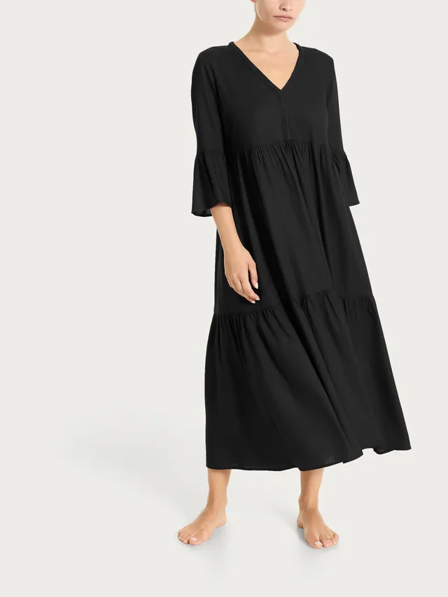 Ragno Mussola Slub Abito Lungo Nero con balze
