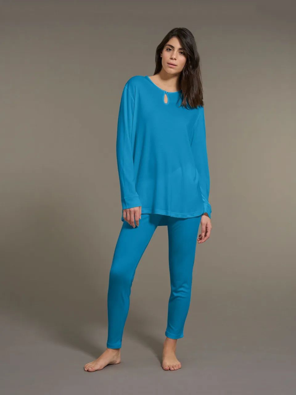 Ragno Micromodal pigiama donna lungo Vallarta Blue scollo goccia