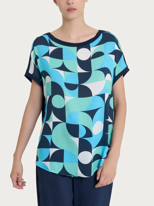 Ragno t-shirt fantasia geometrica viscosa pool blue