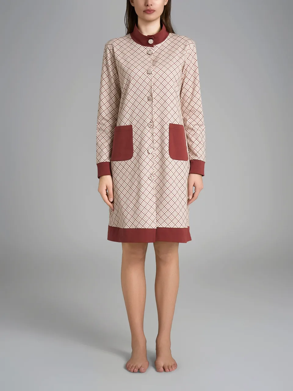 Ragno Interlock Vestaglia Tartan Henna Cotone Collo Alto