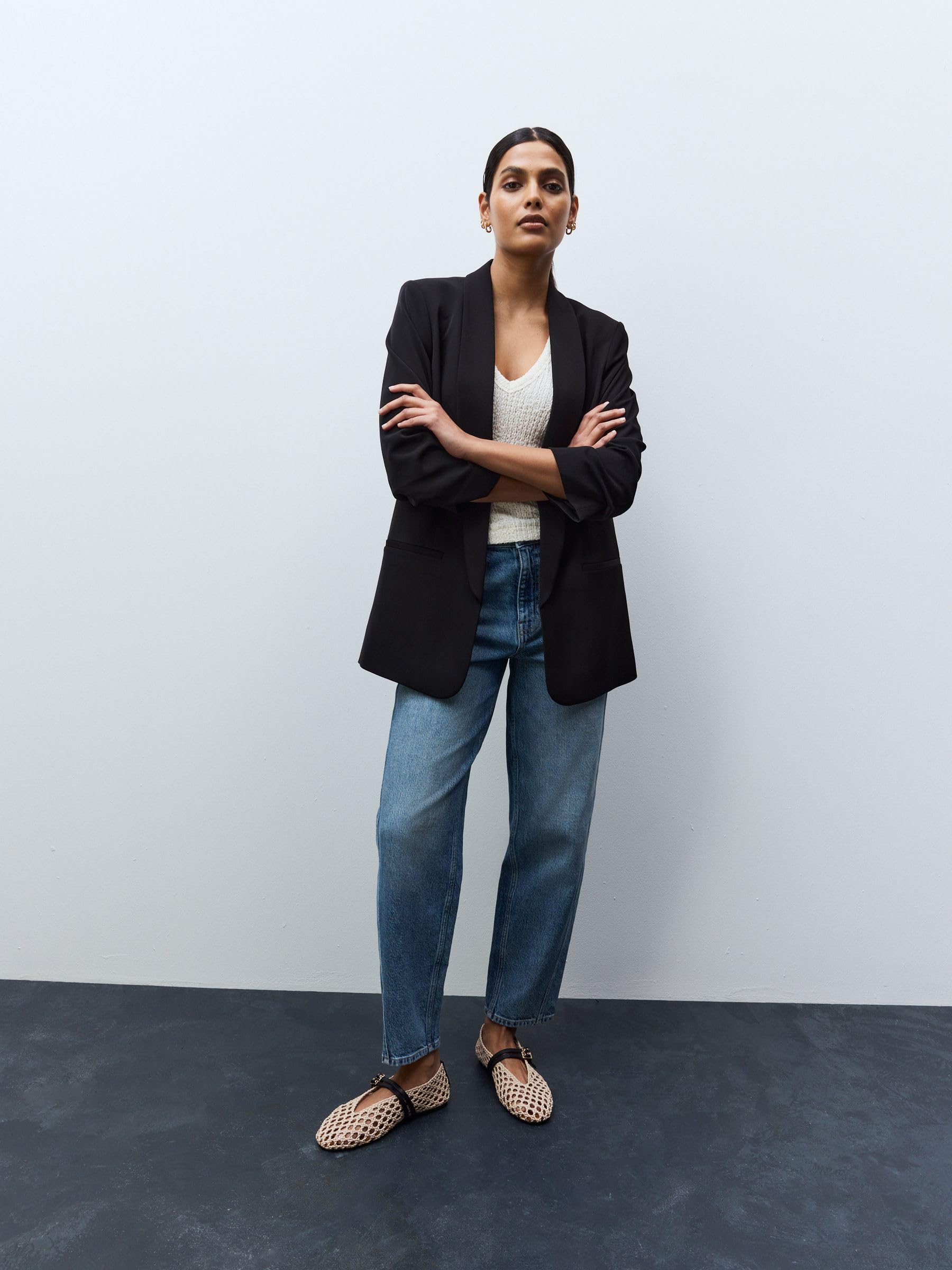 Next Blazer Comodo Maniche Arricciate Donna Nero Stiro Facile