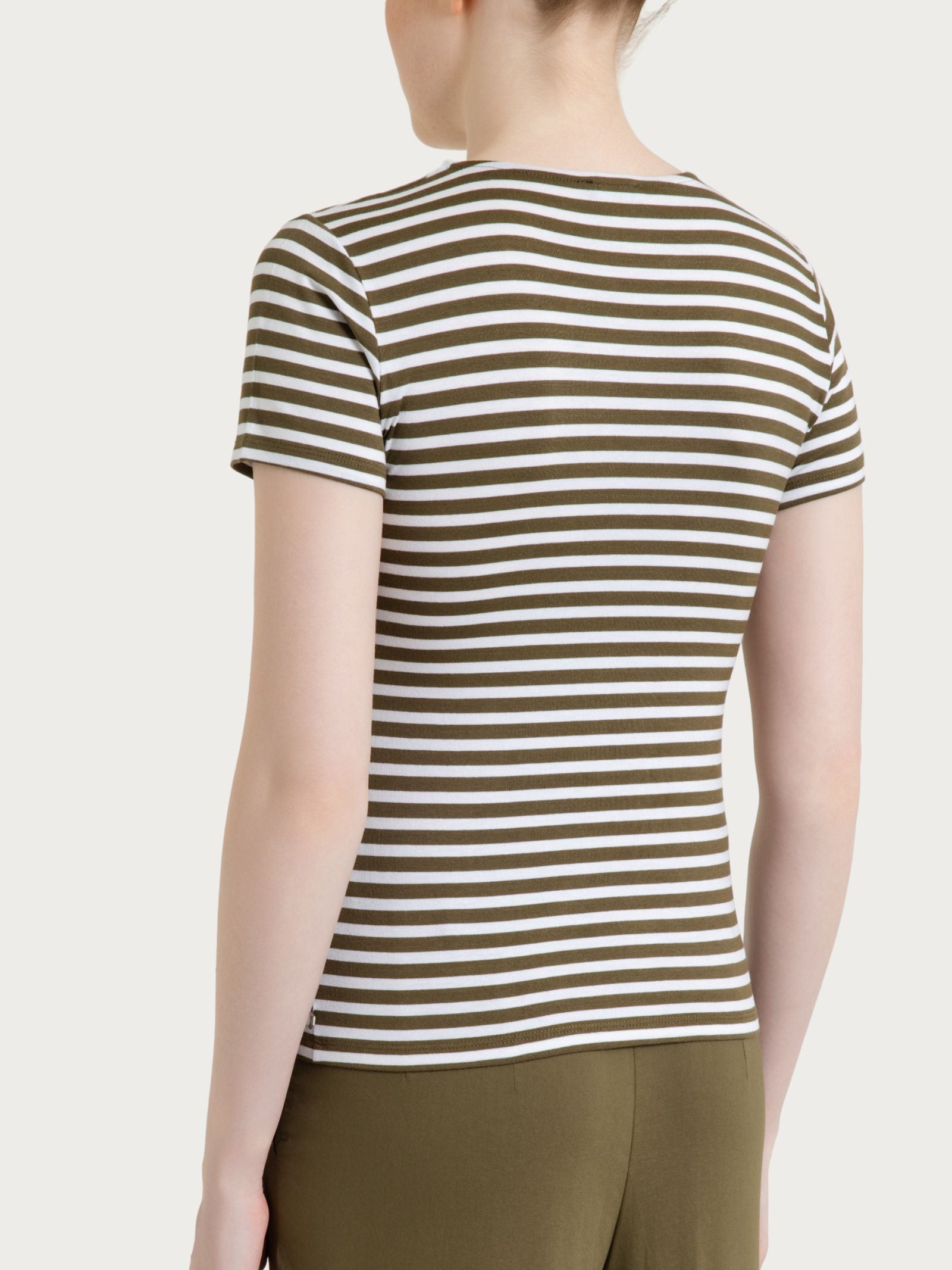 Ragno Perfetta Maglietta Skinny Rigata Viscosa Donna Verde Oliva