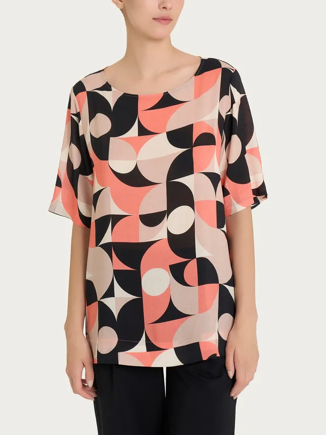 Ragno EcoSeta Blusa girocollo geometrica Warm Taupe viscosa