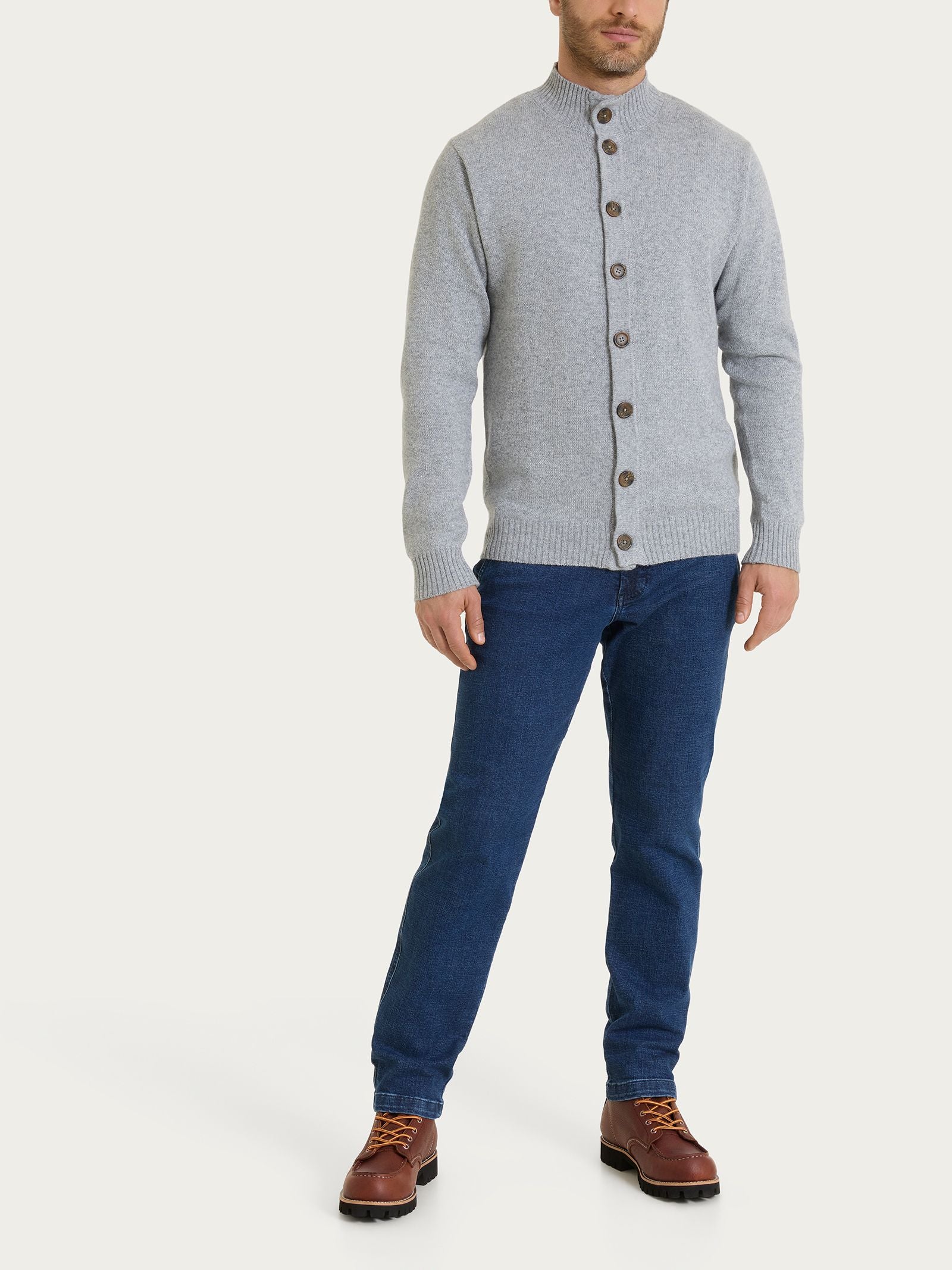 Ragno Natural Soft Cardigan collo alto Ghiaia Mel. morbido