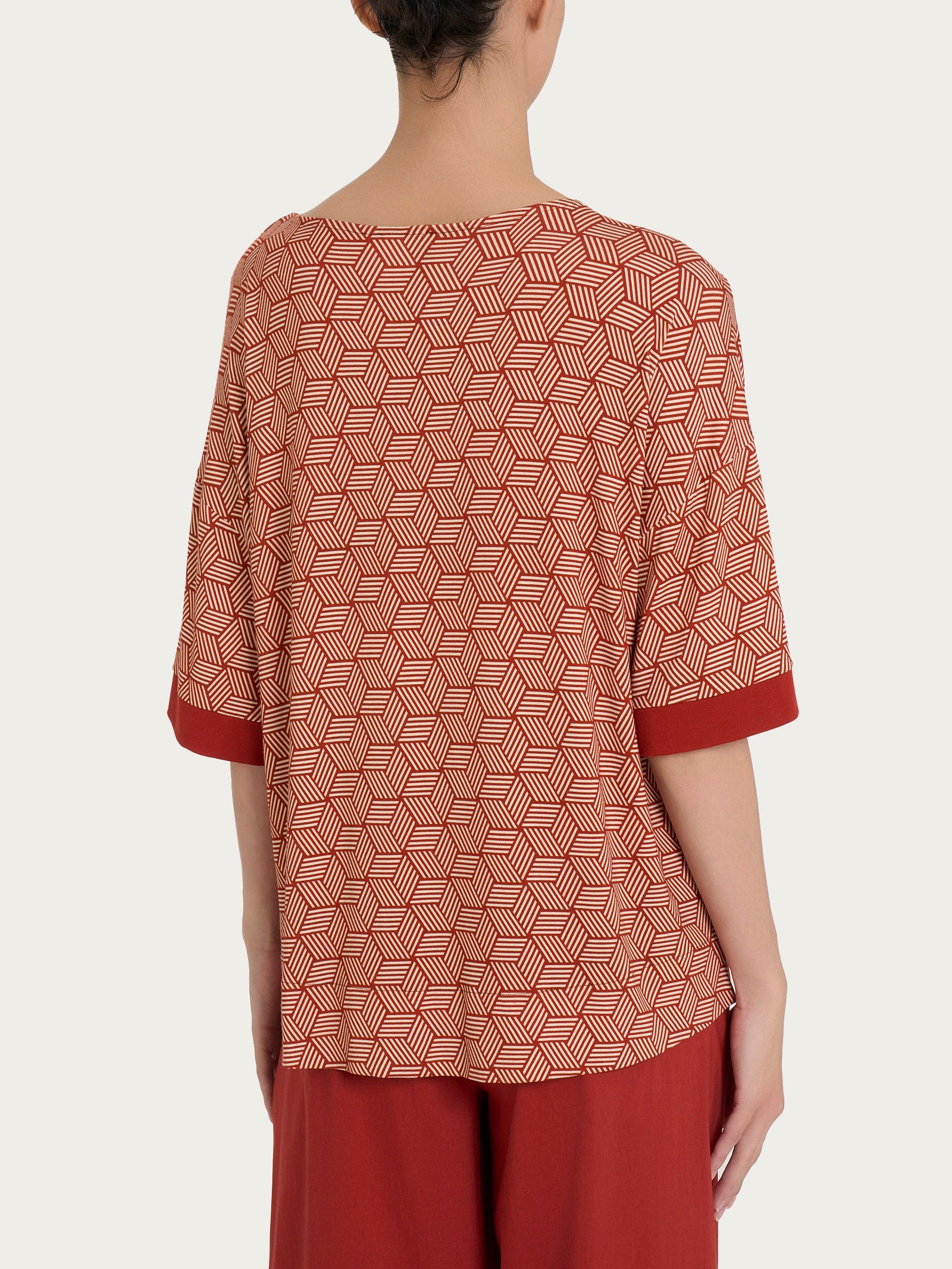 Ragno Viscosa Summer Maglietta Cubi Fantasia Red Ochre