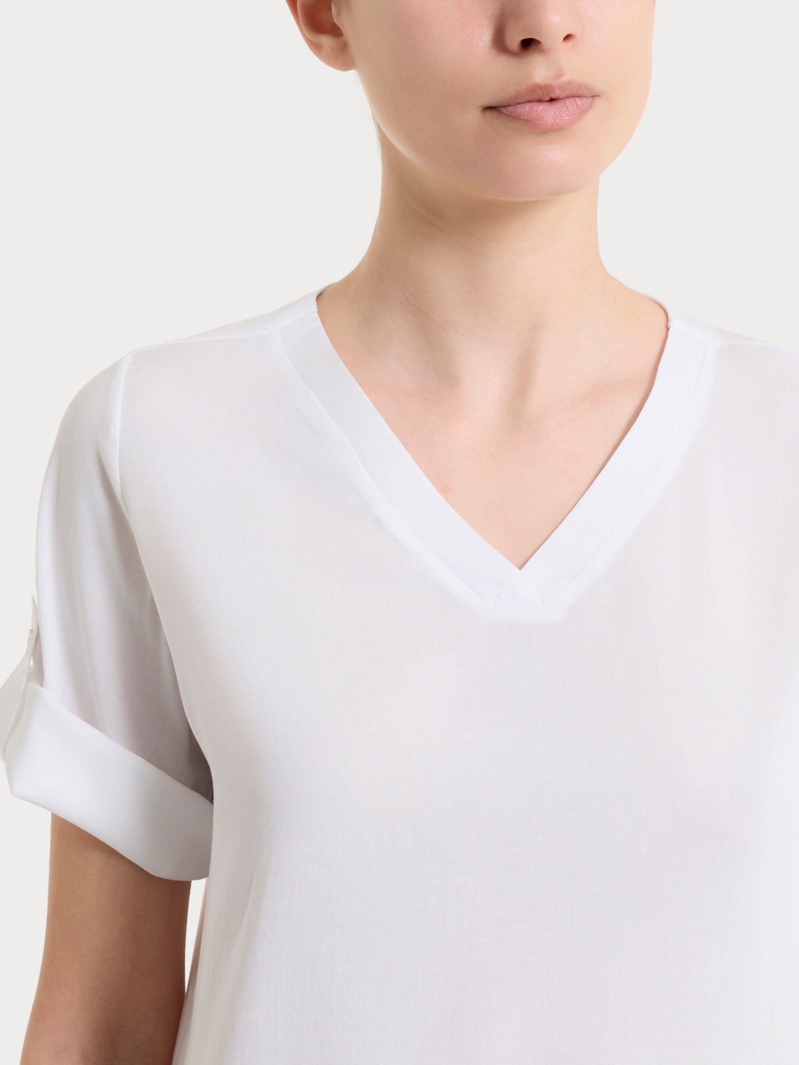 Ragno Blusa Scollo a V Voile Stretch Bianca Manica Lunga