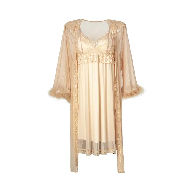 Maria Grazia Severi sottoveste beige 2 pezzi pizzo piume