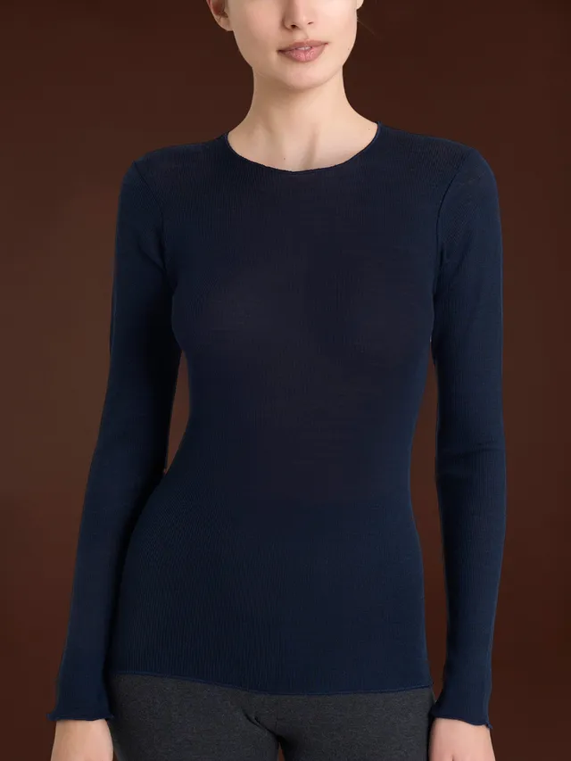 Ragno Lana Seta Maglia girocollo manica lunga Bleu lana