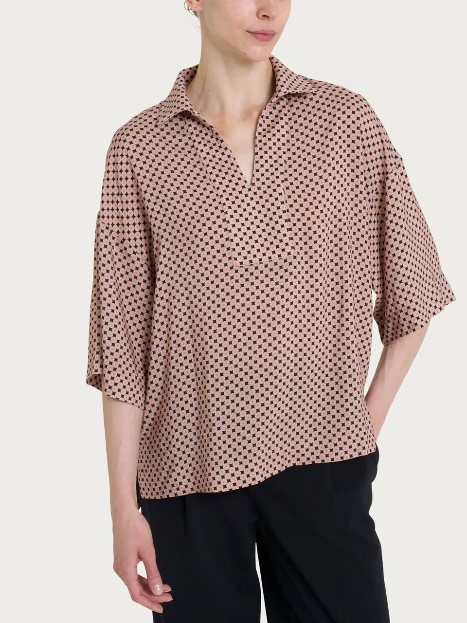 Ragno EcoSeta camicia collo camicia Nero fantasia manica 3/4