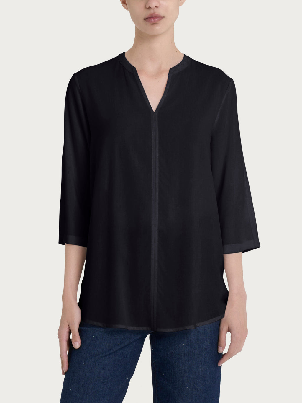Ragno EcoSeta blusa collo coreano nera fluida