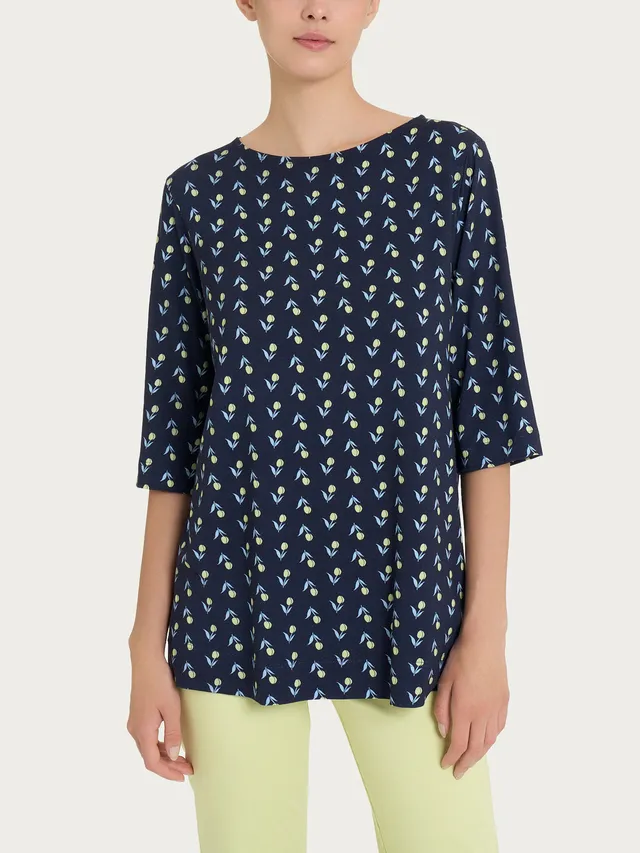 Ragno Viscosa Summer t-shirt tulipani blu scollo barca 3/4