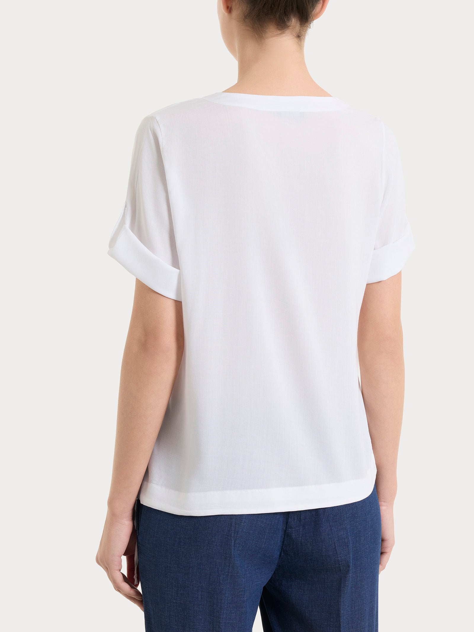 Ragno Blusa Scollo a V Voile Stretch Bianca Manica Lunga