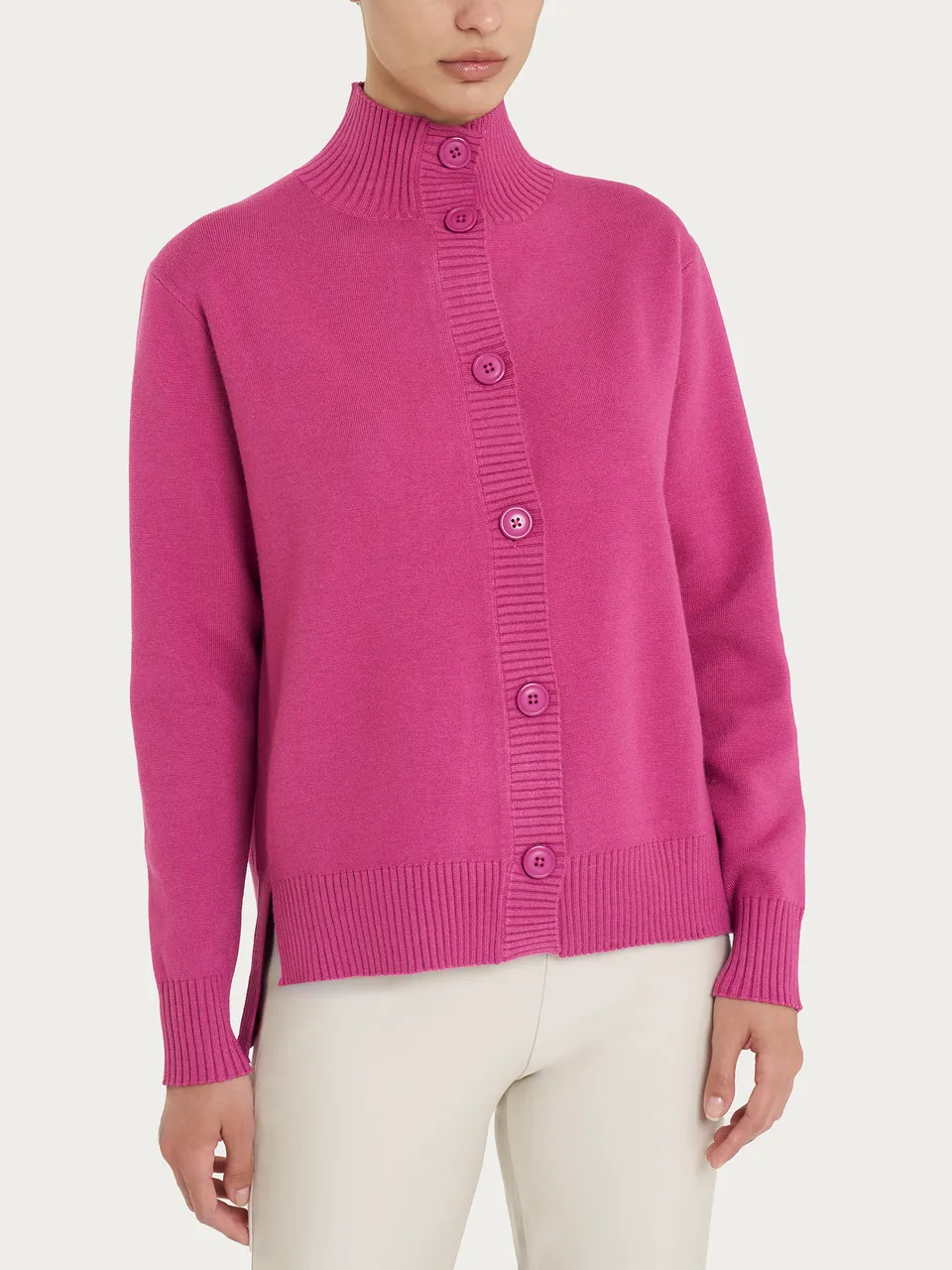 Ragno Super Soft Cardigan aperto bottoni Red Violet collo alto