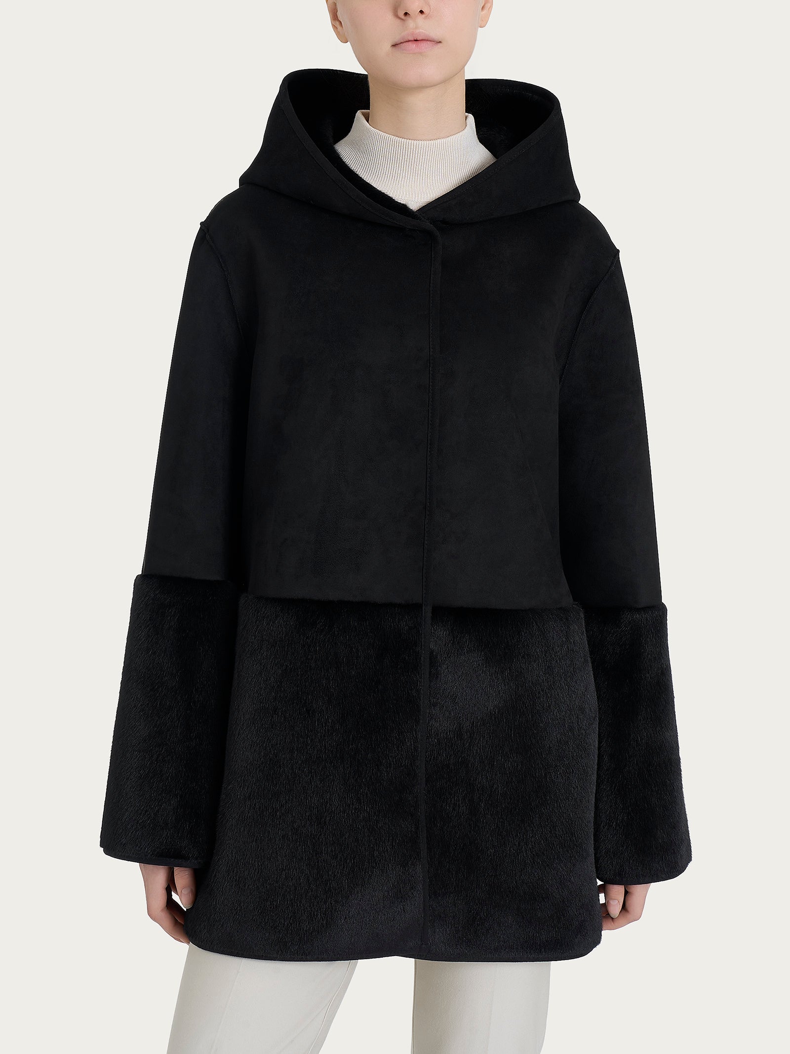 Ragno Vegan Shearling Giacca Double-Face Nera Cappuccio