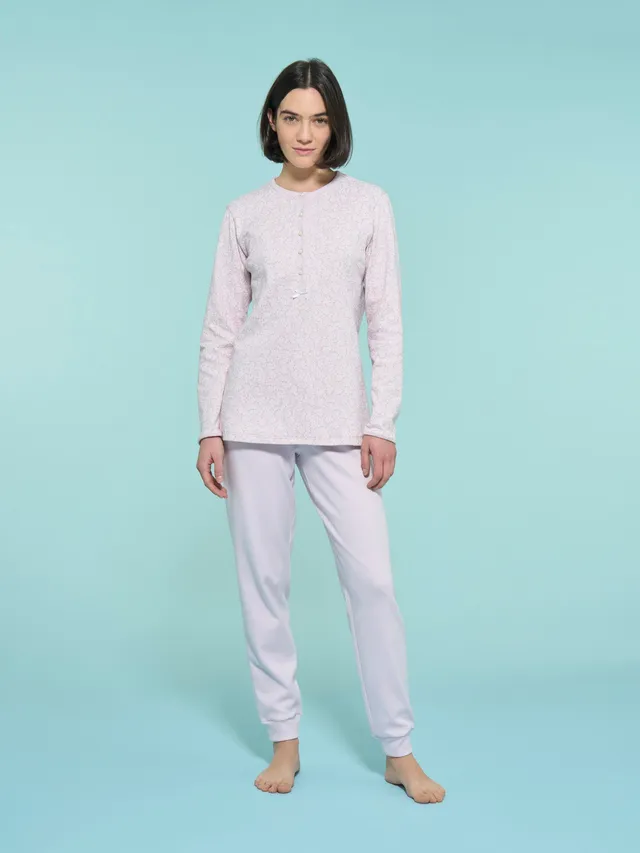 Ragno Sweet Emotion Pigiama Lungo Serafino cotone Lavender Fog