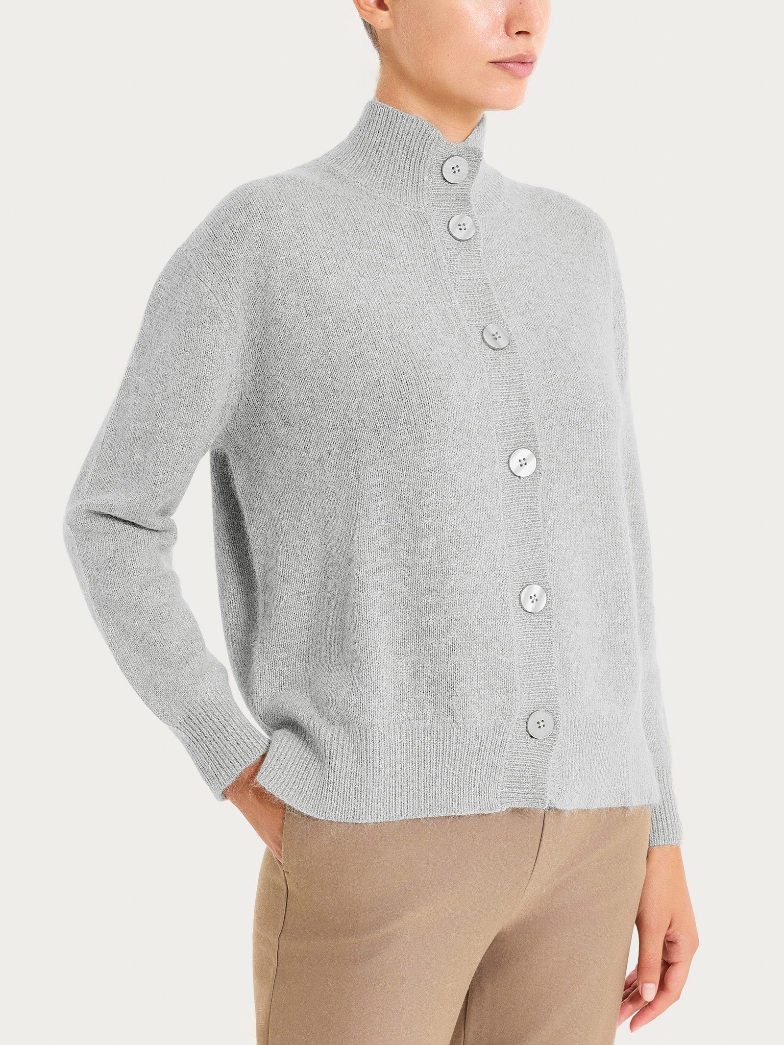 Ragno Natural Soft Cardigan Collo Alto Donna Ghiaia Boxy