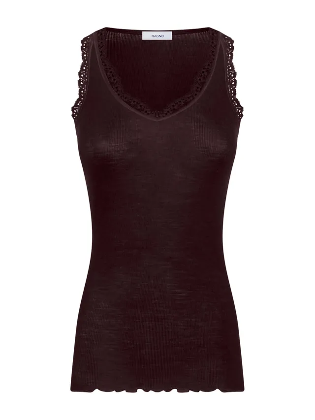 Ragno Merino Seta Canottiera Scollo V Pizzo Acero