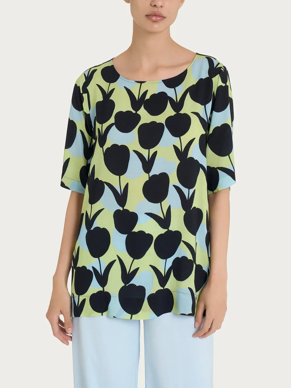 Ragno EcoSeta Blusa girocollo tulipani Shadow Lime viscosa