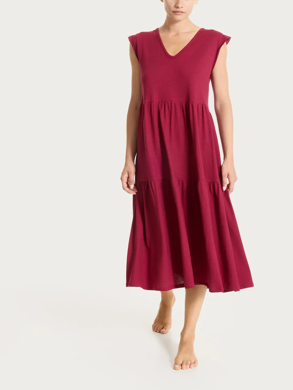 Ragno Jersey Cotone Abito Lungo Beet Red con Balze