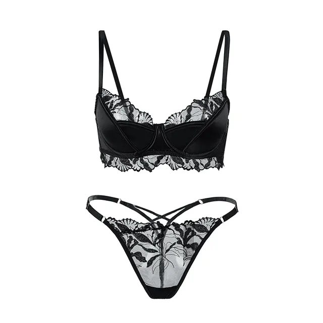 Maria Grazia Severi Satin completo intimo nero balconcino con perizoma