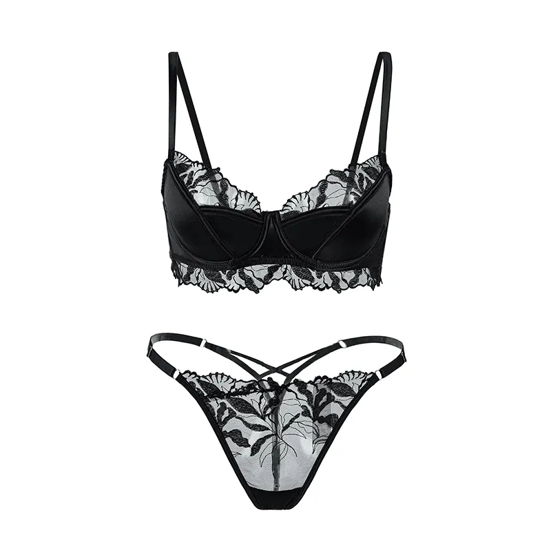 Maria Grazia Severi Satin completo intimo nero balconcino con perizoma