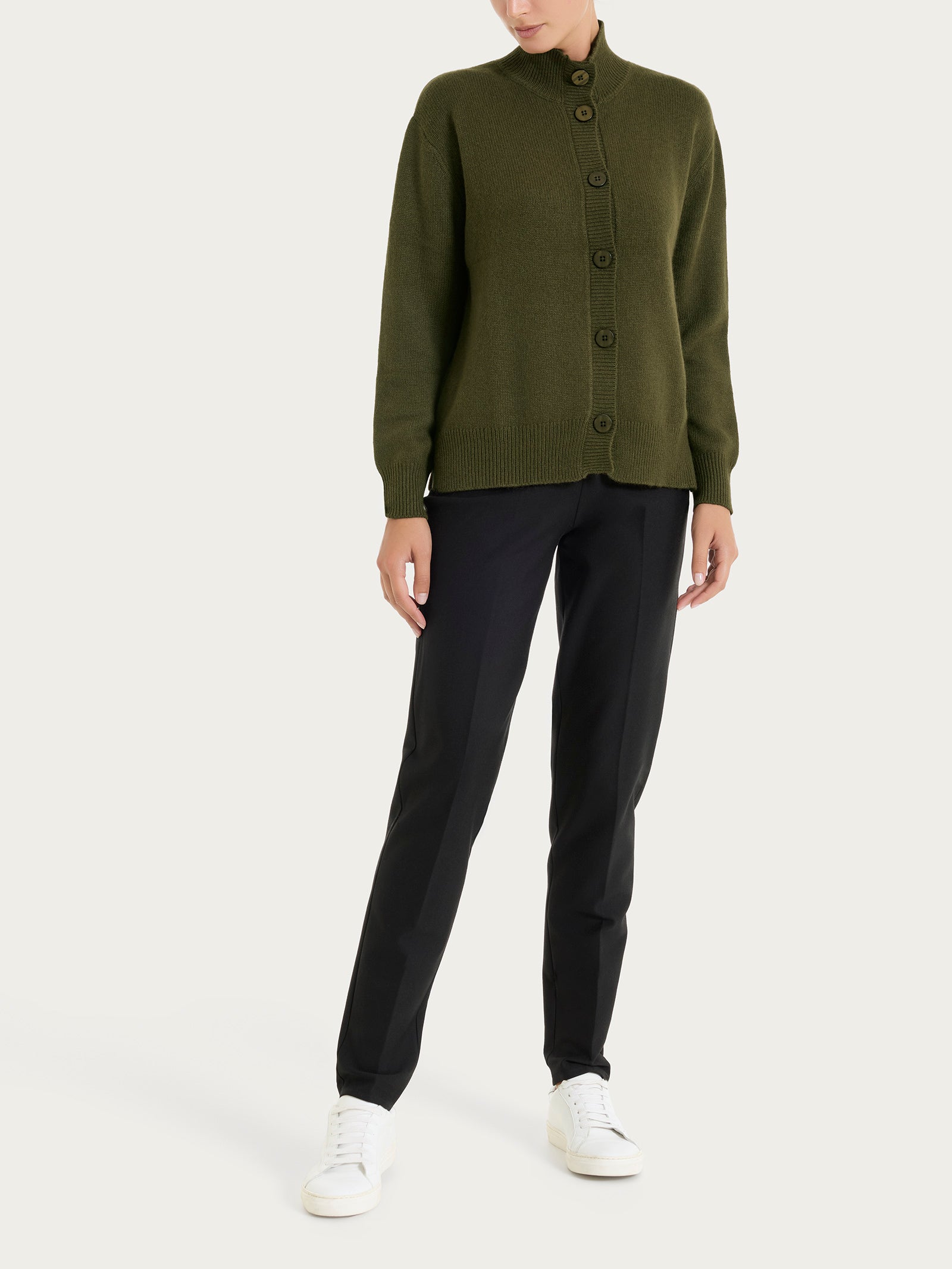 Ragno Natural Soft Cardigan Dark Olive collo alto boxy
