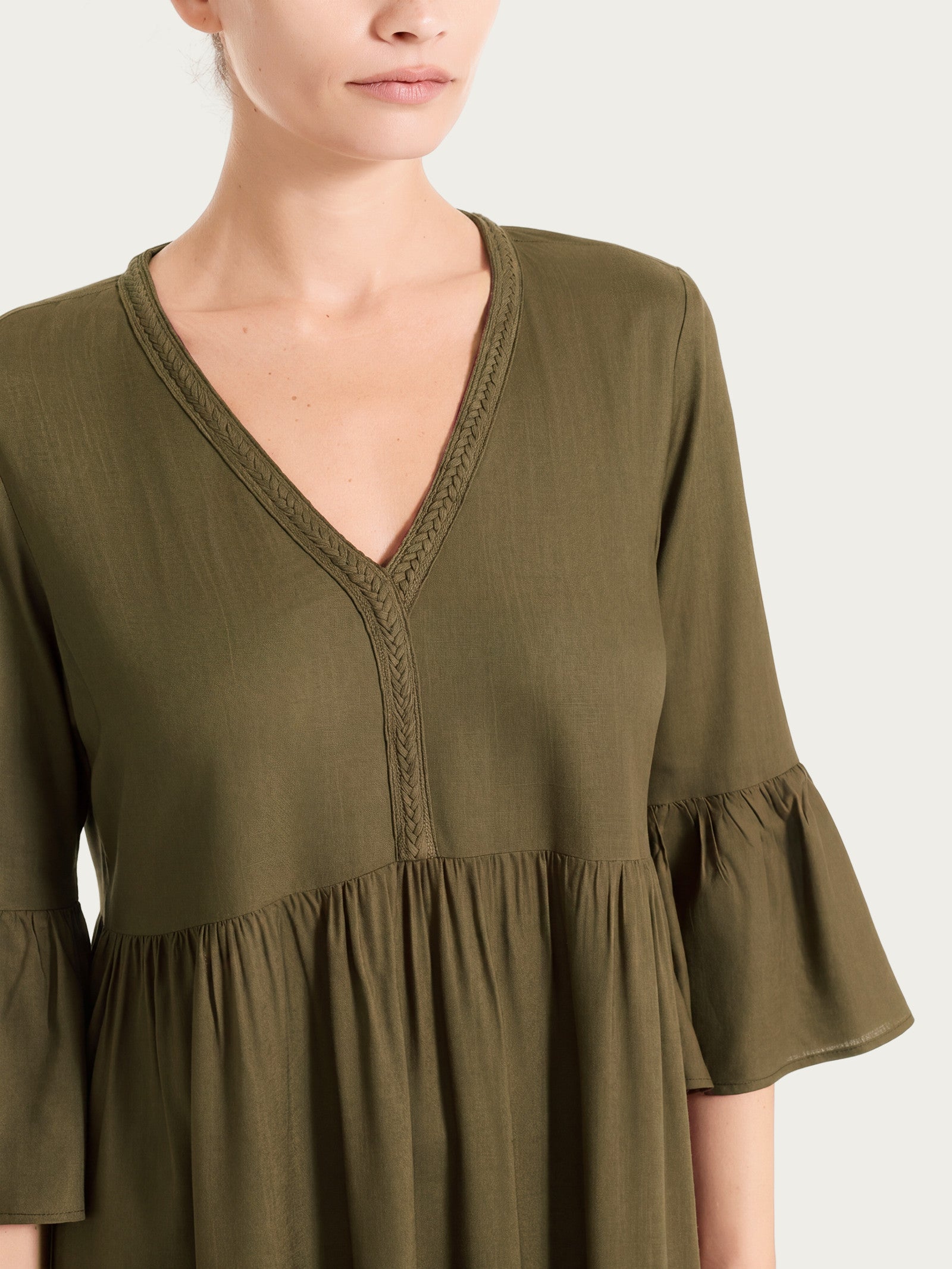 Ragno Mussola Slub balze abito lungo dark olive