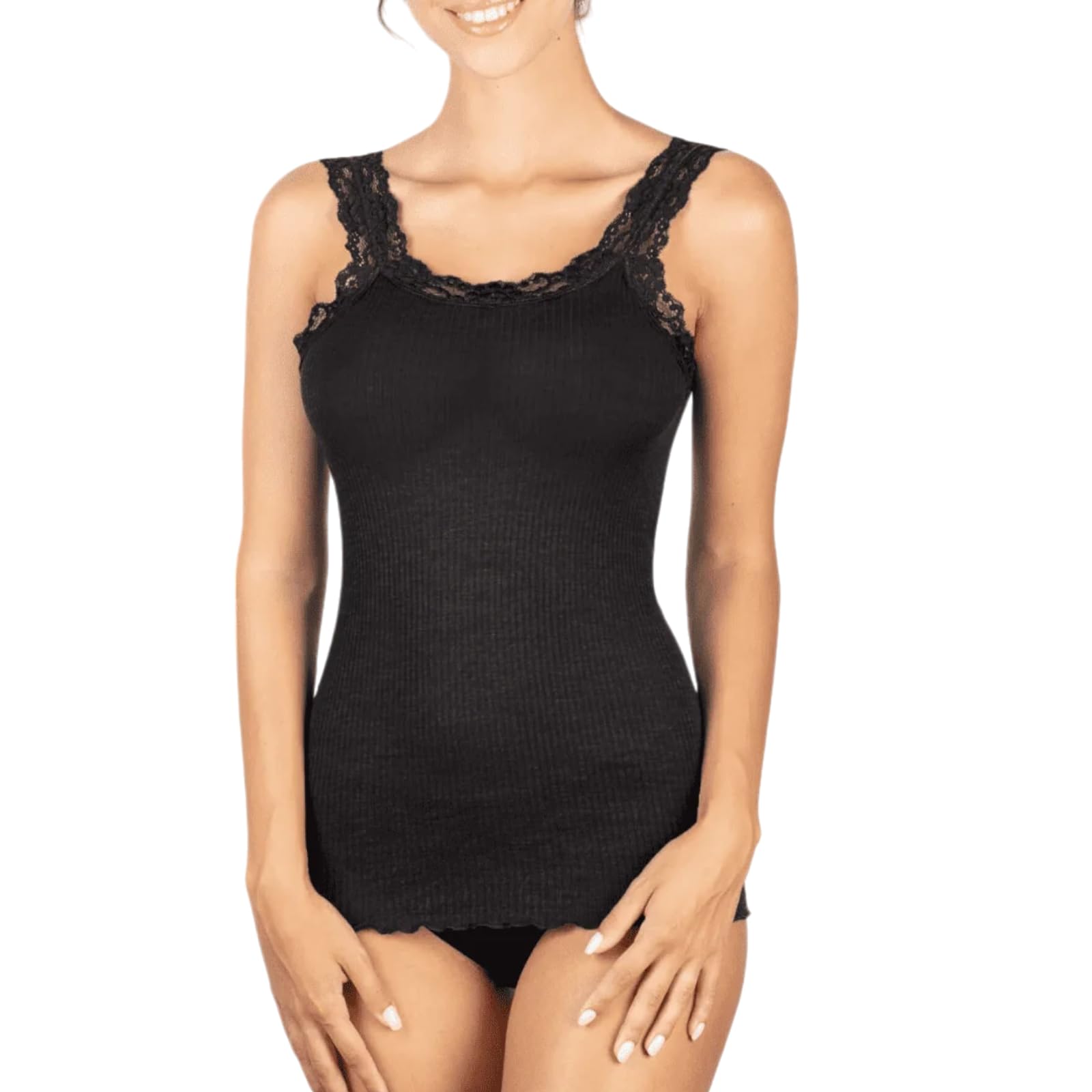 Lady C Top Lana Seta Canotta Spalline Pizzo Comoda