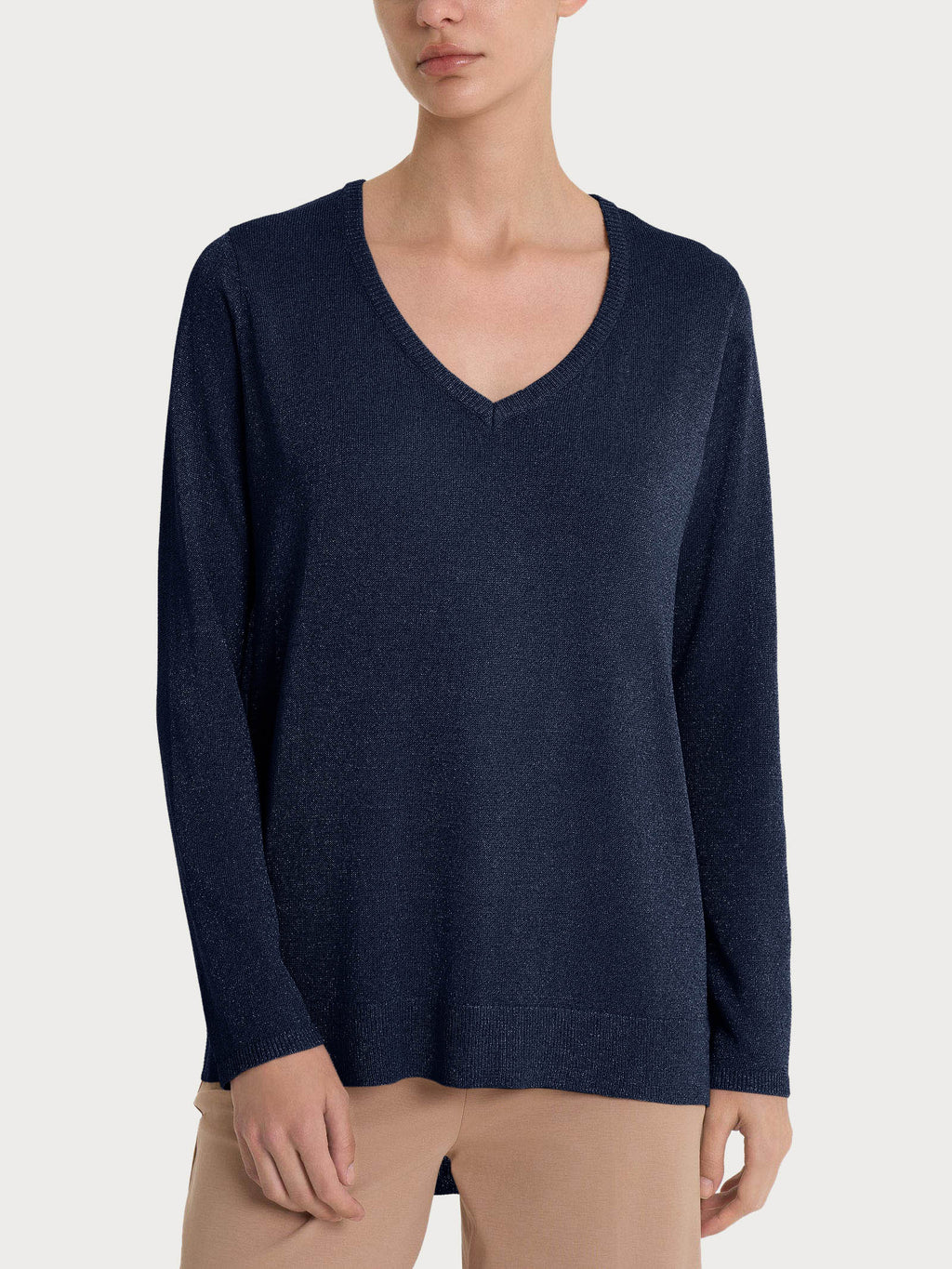 Ragno Crepe Lurex maglione scollo V blu Bleu manica lunga