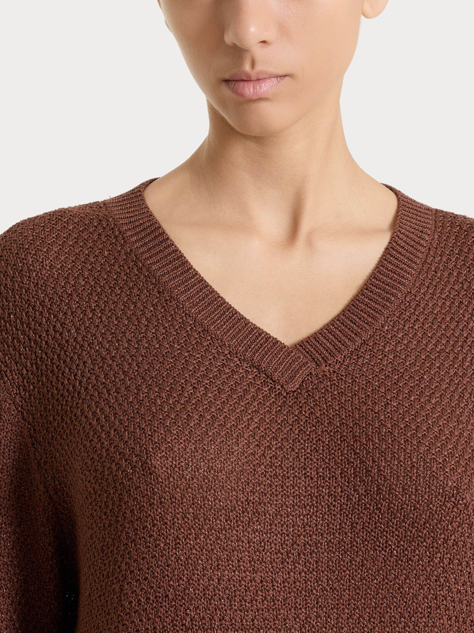 Ragno Lurex Rice Stitch Maglia scollo V cappuccino