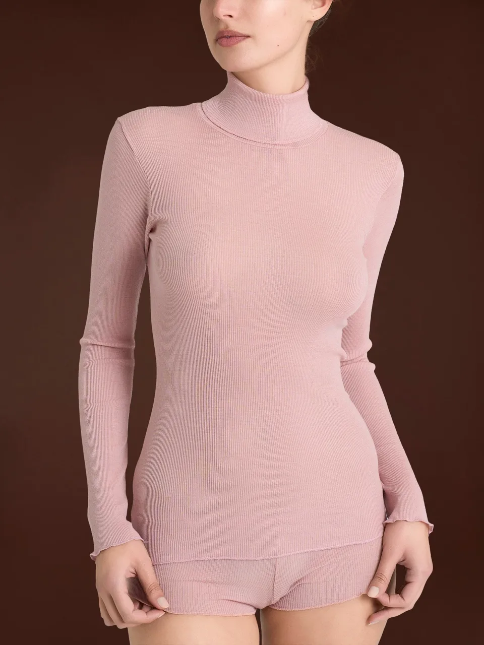 Ragno Lana Seta Dolcevita Manica Lunga Rosa Antico